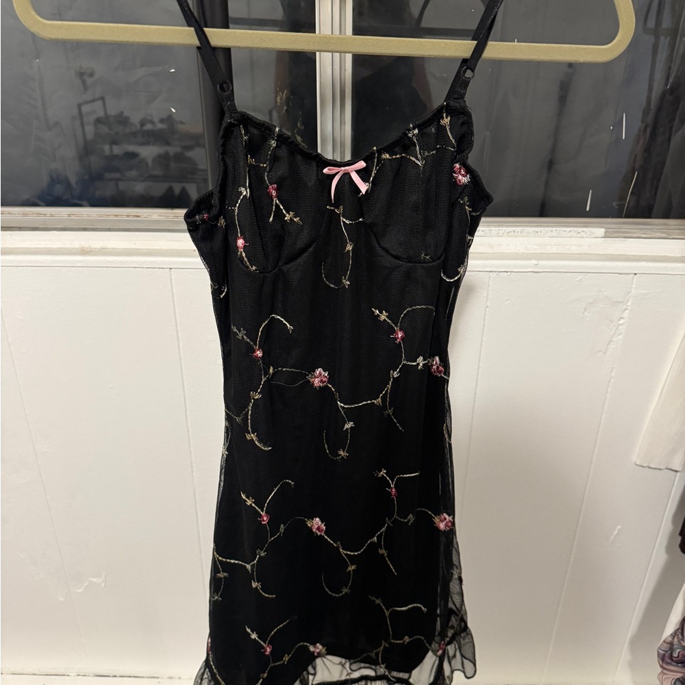 Cider Black Mini Dress with Pink Floral Accents